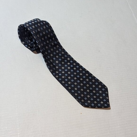 Harry Rosen Square Geometric Pattern Tie Blue Silver Silk - Picture 3 of 7